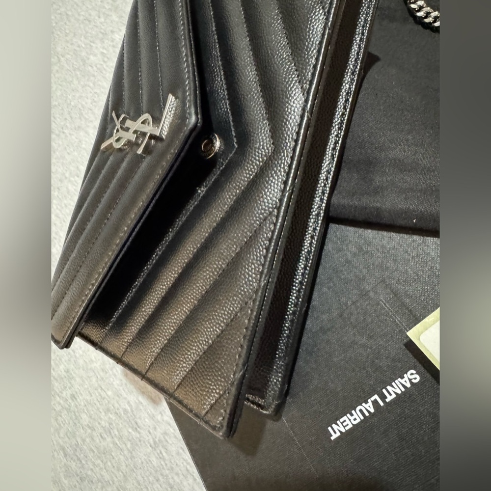 Saint Laurent Cassandre Black Quilted Envelope Leather Chain Wallet Purse - Picture 7 of 11